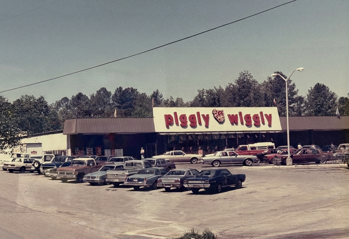 Russell's Piggly Wiggly grocery store in a vintage photo showing classic cars parked outside the storefront.