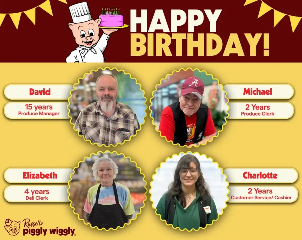 Birthday celebration banner featuring four grocery store employees with names, roles, and years of service at Piggly Wiggly