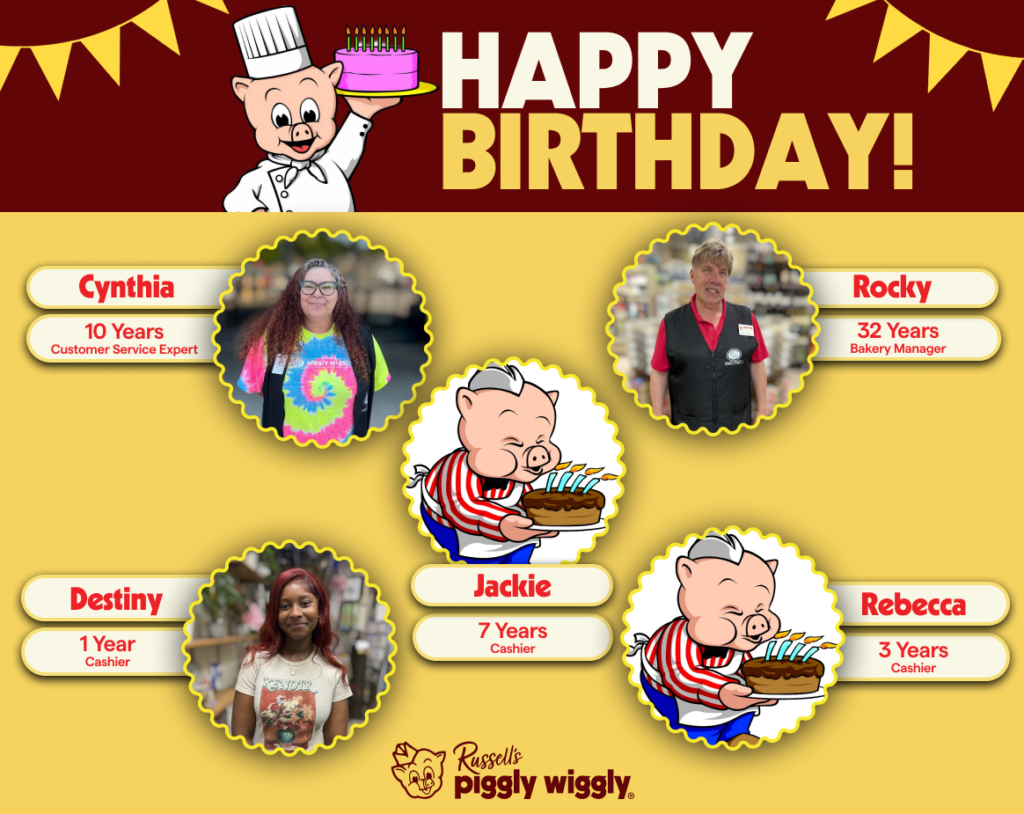 Employee celebration banner from Russell's Piggly Wiggly recognizing birthdays and work anniversaries, featuring staff photos, names, positions, and years of service.