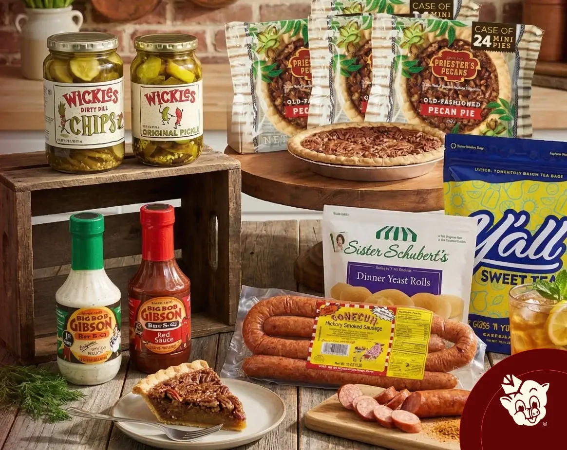 Selection of Alabama-made food products including Wickles pickles, Priesters pecan pie, Conecuh smoked sausage, Sister Schubert’s rolls, Big Bob Gibson sauces, and Milo’s sweet tea