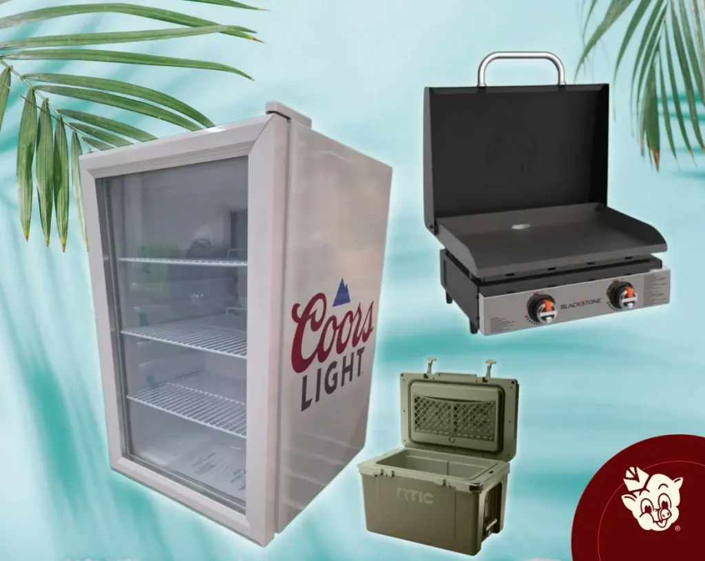 Promotional image featuring Taste of Summer giveaway prizes including a Coors Light mini refrigerator, Blackstone griddle, and YETI cooler with Russell's Piggly Wiggly branding