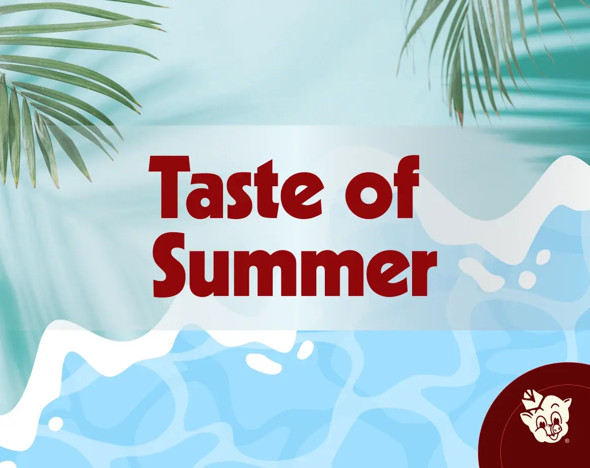 Taste of Summer promotional graphic with tropical palm leaves, water-themed background, and Russell's Piggly Wiggly logo