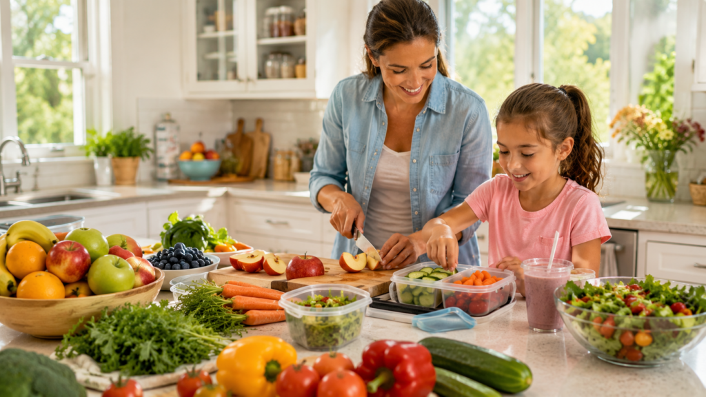 Parent and child preparing healthy back-to-school meals with fresh fruits, vegetables, salads, and lunch containers using grocery essentials from Russell's Piggly Wiggly.