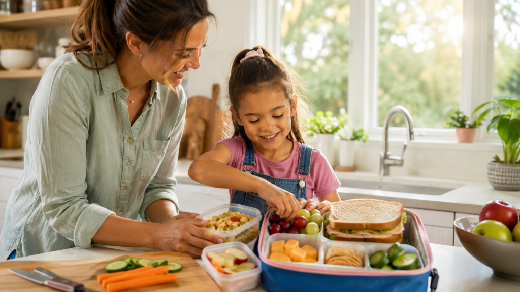 Parent and child preparing a healthy school lunch with a sandwich, grapes, cheese, crackers, fresh vegetables, and fruit in a lunchbox using fresh grocery essentials from Russell's Piggly Wiggly.