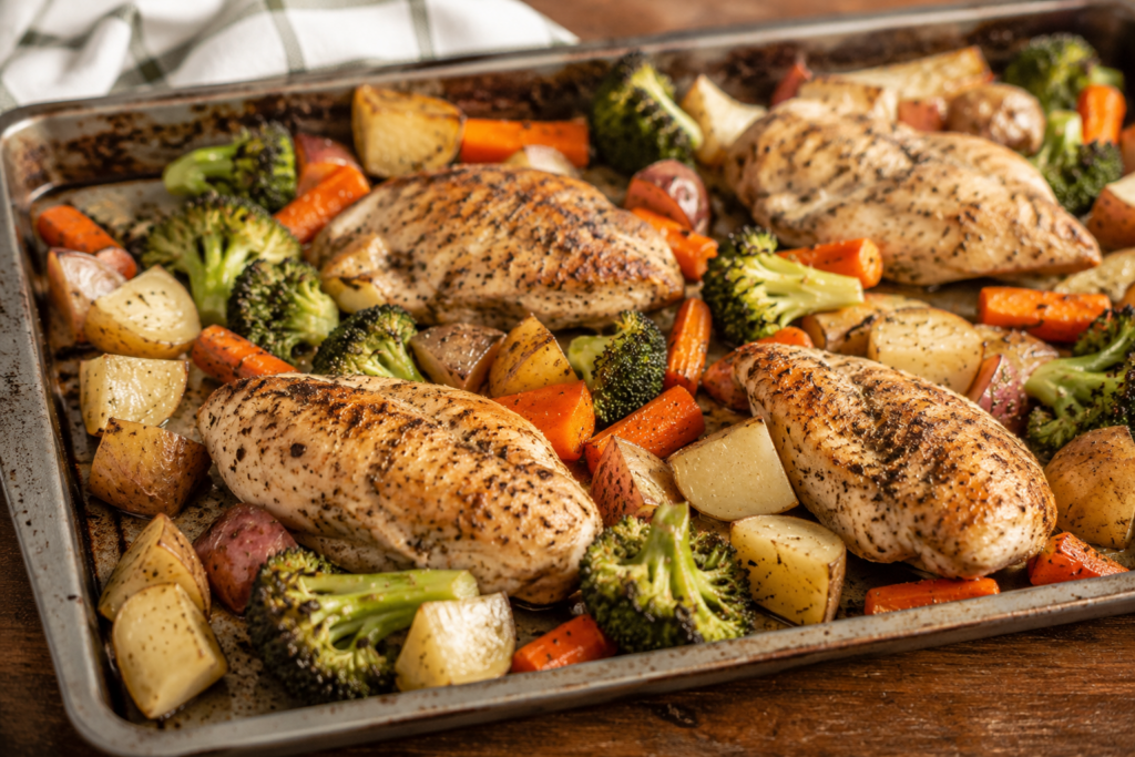 Sheet pan chicken dinner with roasted chicken breasts, broccoli, carrots, potatoes, and fresh vegetables for an easy summer-to-school family meal using ingredients from Russell's Piggly Wiggly.